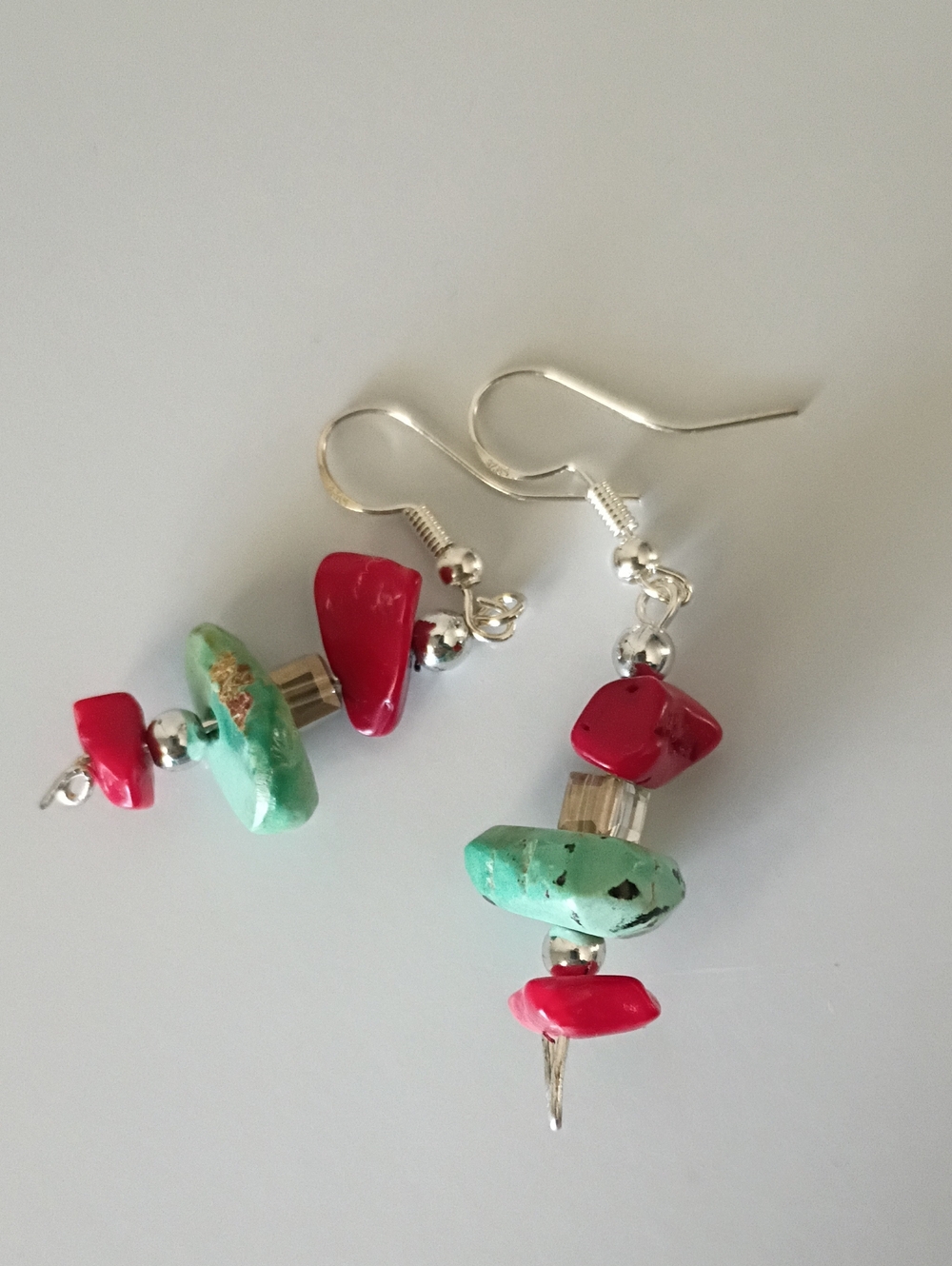 Artisan Southwestern-Style Dangle Earrings Glass & Raw Stone Chips On 925 Hooks